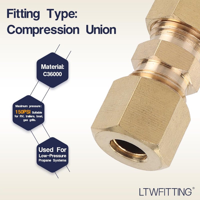 LTWFITTING 1/4-Inch OD Compression Union,Brass Compression Fitting(Pack of 30) - Image 3